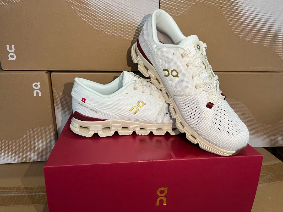 On Cloud X 4 Men's Running Shoes White Gold Maroon Breathable Lightweight Athletic Sneakers