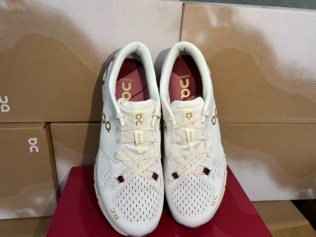 On Cloud X 4 Men's Running Shoes White Gold Maroon Breathable Lightweight Athletic Sneakers