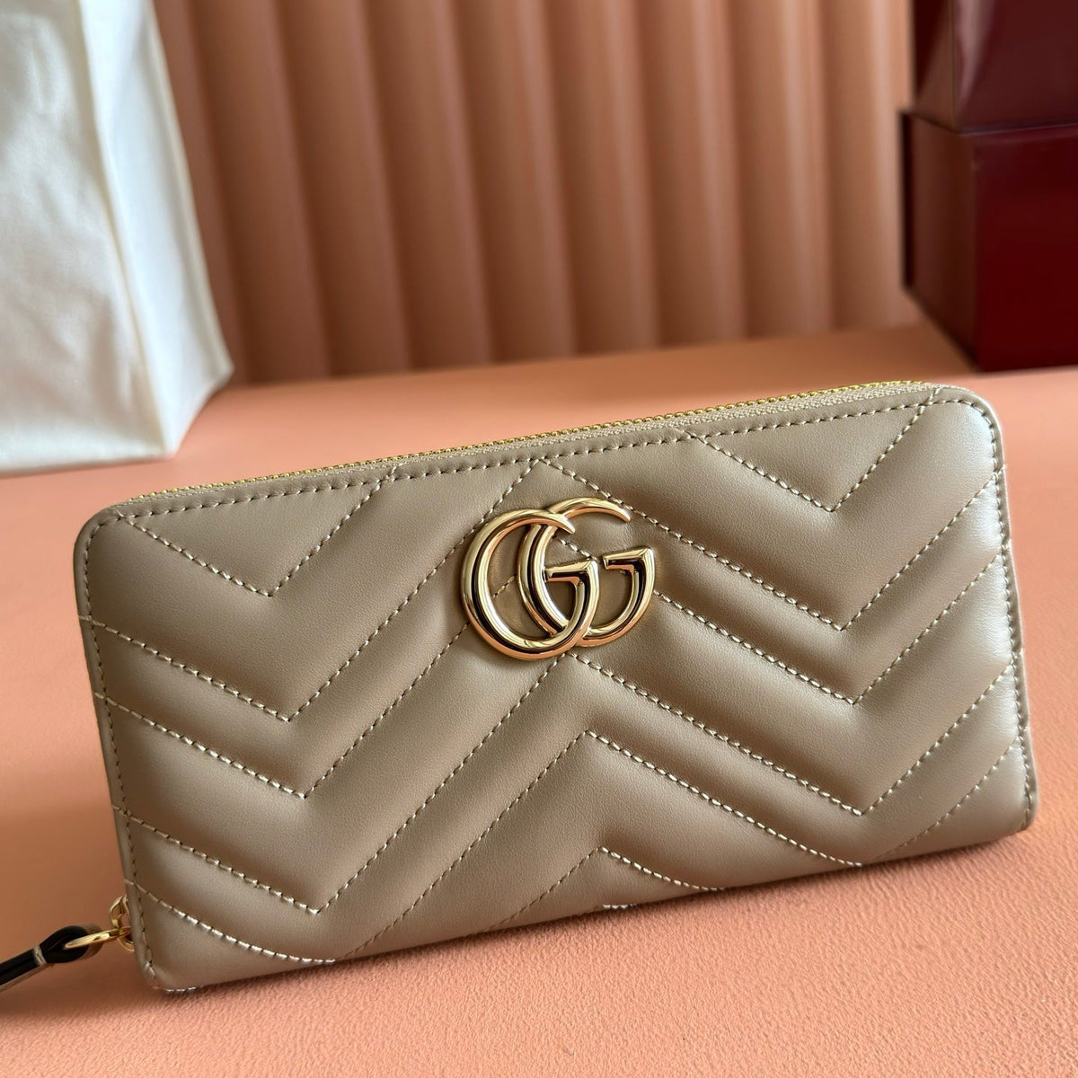 GG Zip-Around Wallet Taupe Matelassé Leather