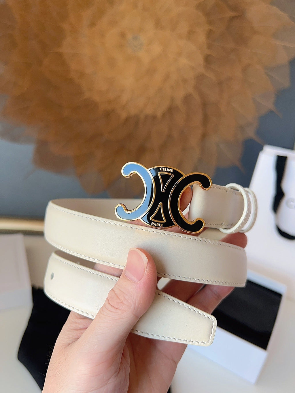 CL Black 25mm Triomphe Enamel Belt White Cowhide 616415
