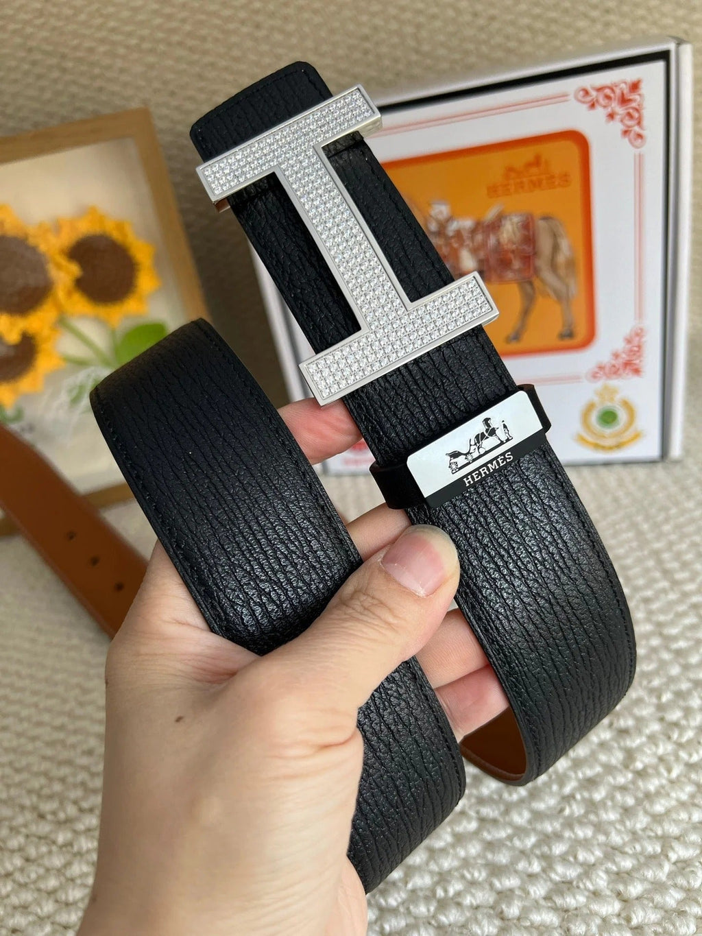 HM Belt 38mm Black Brown Cowhide Sliver Diamond Buckle 618967