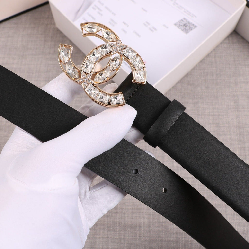 CC WOMEN'S BELT 30MM LEATHER BLACK BUCKLE STAR DIAMOND