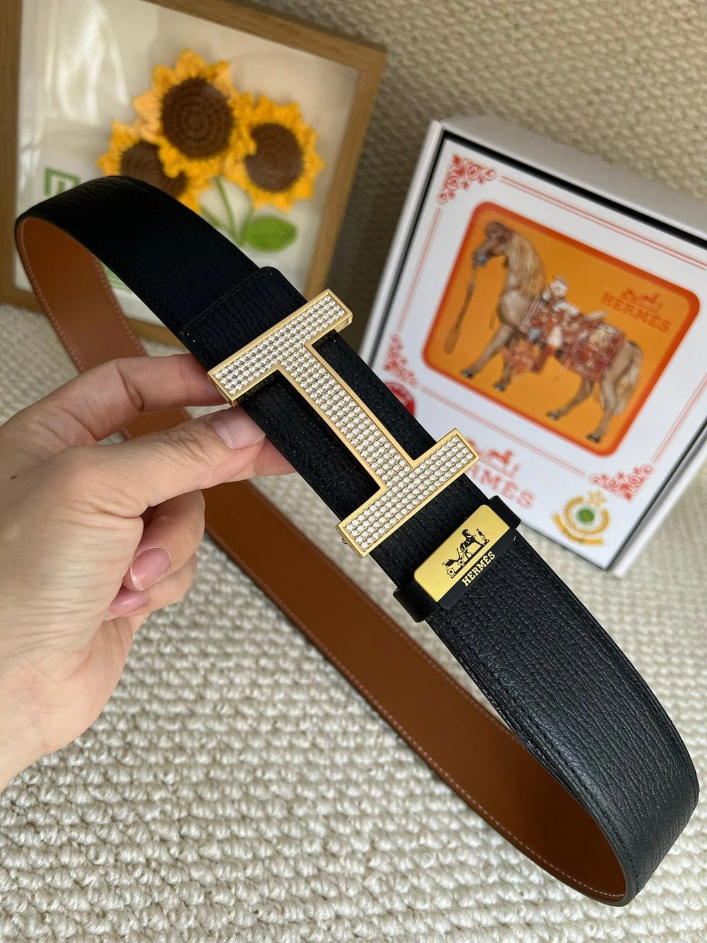 HM Belt 38mm Black Brown Cowhide Gold Diamond Buckle 618968