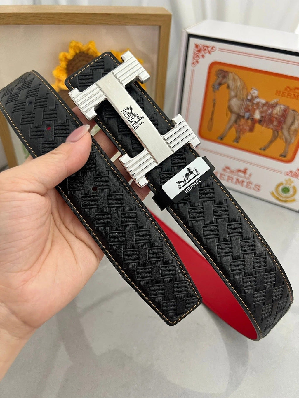 HM Belt 38mm Black Red Cowhide Leather Sliver Buckle 618970