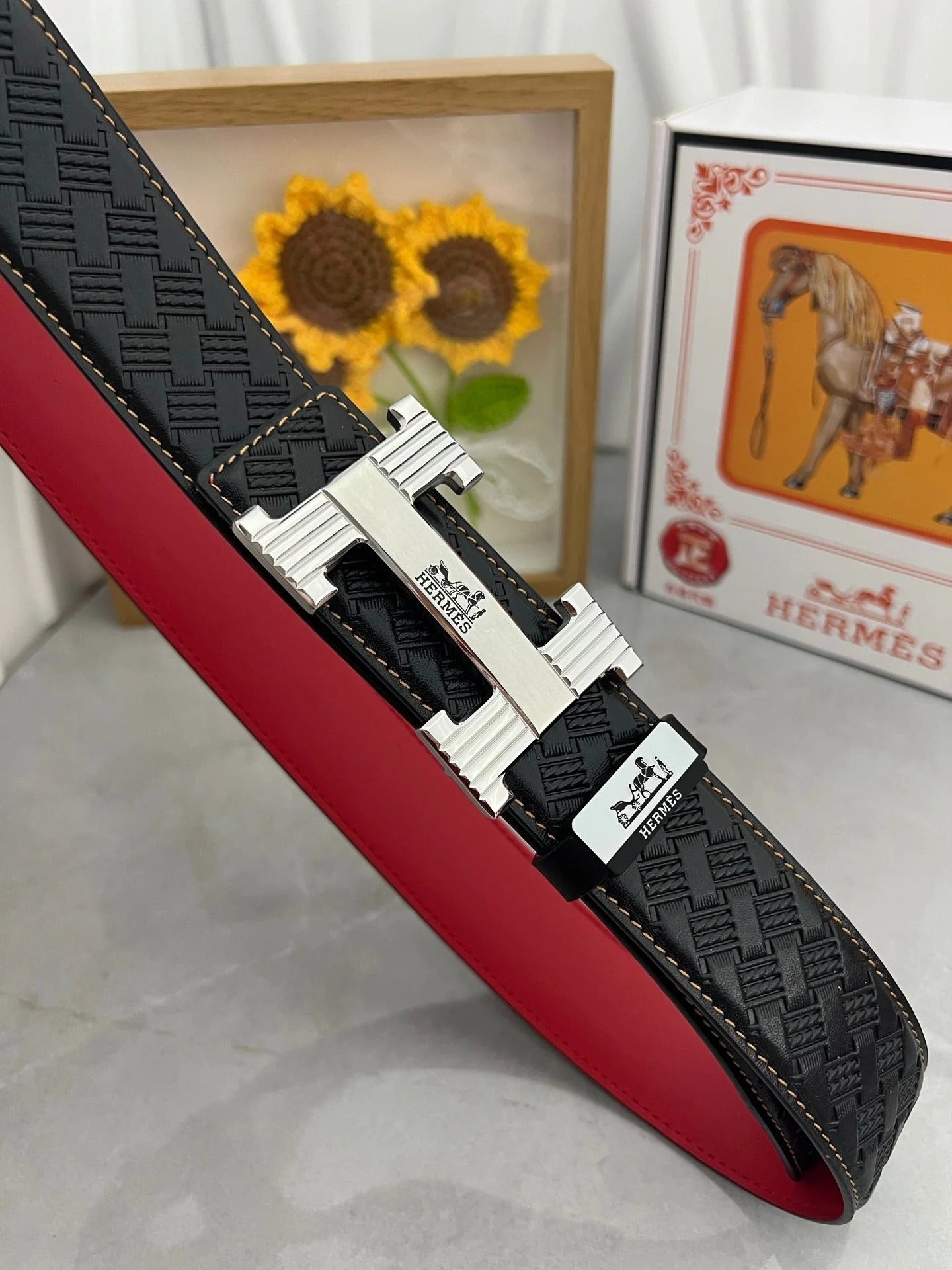 HM Belt 38mm Black Red Cowhide Leather Sliver Buckle 618970
