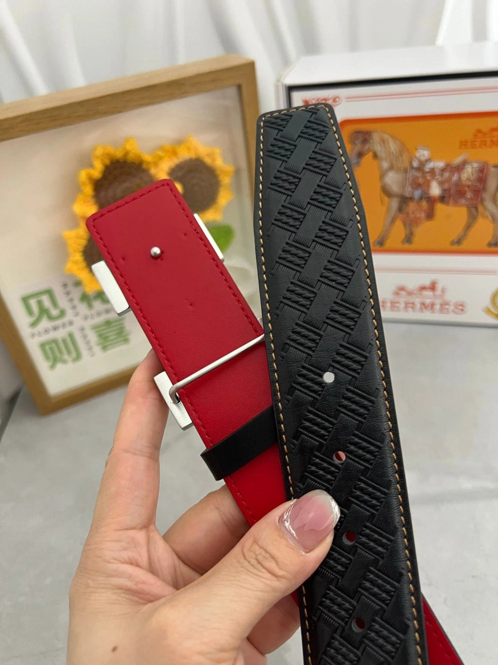 HM Belt 38mm Black Red Cowhide Leather Sliver Buckle 618970
