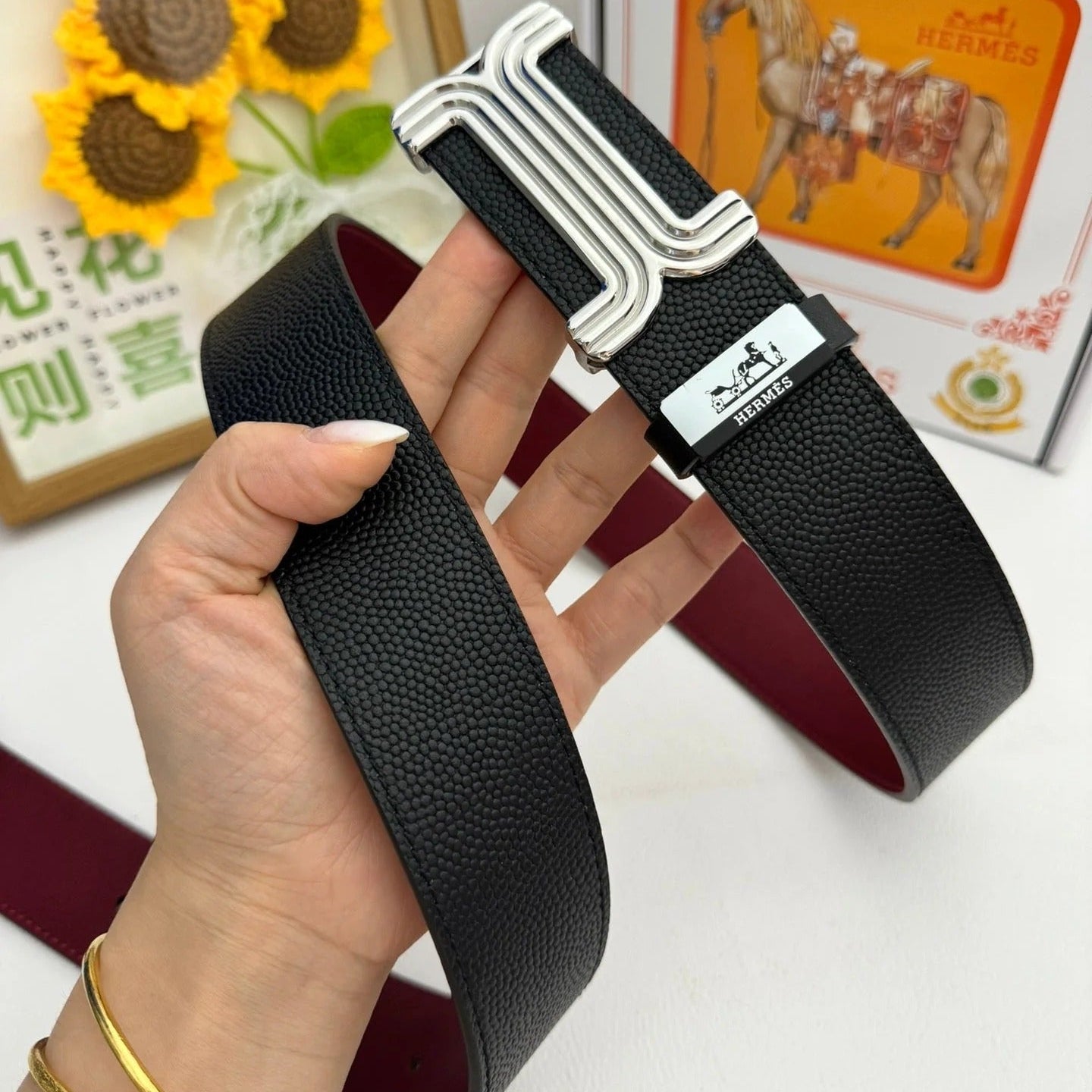 HM Belt 38mm Black Red Cowhide Leather Sliver Buckle 619013