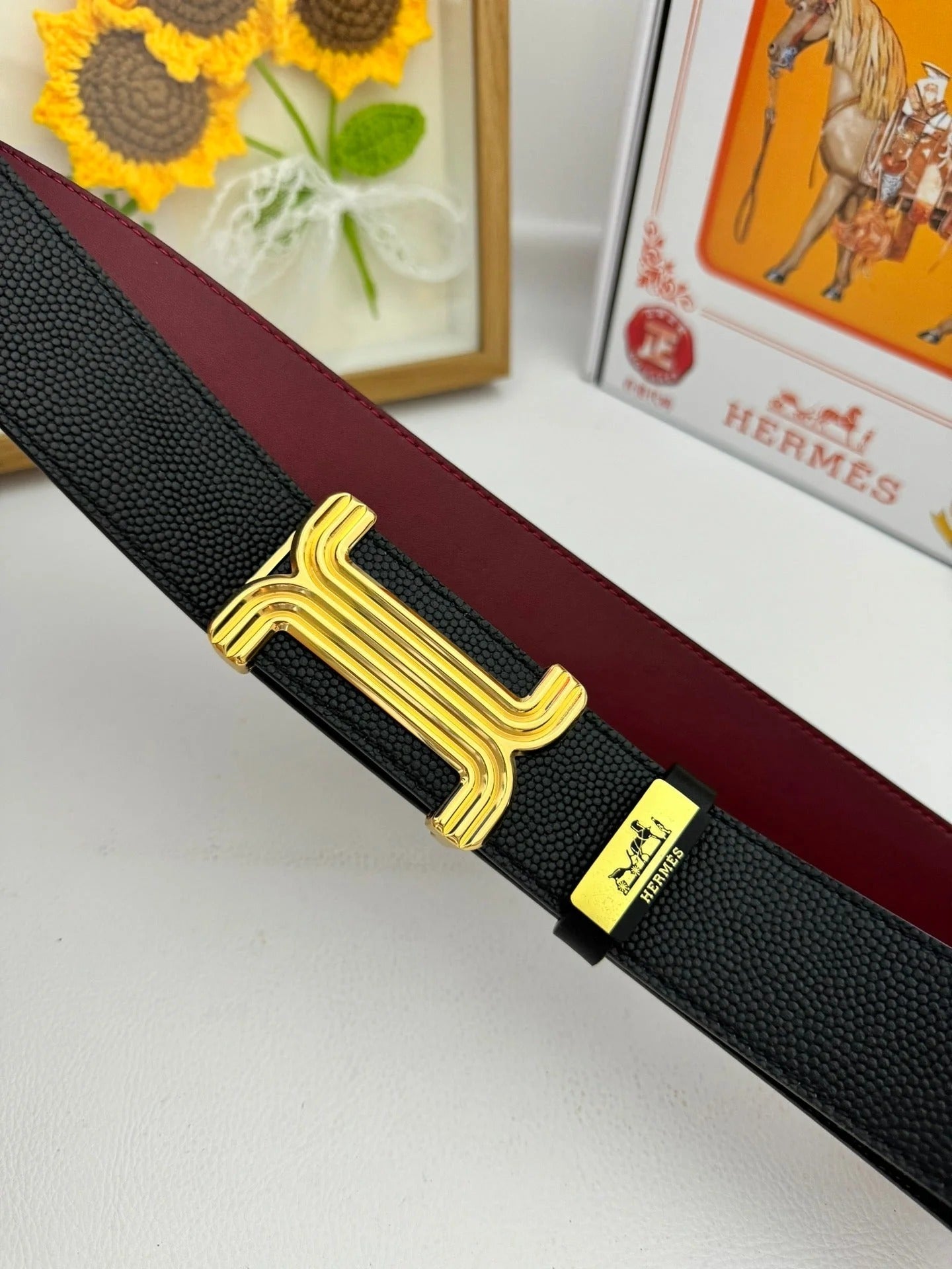 HM Belt 38mm Black Red Cowhide Leather Sliver Buckle 619013