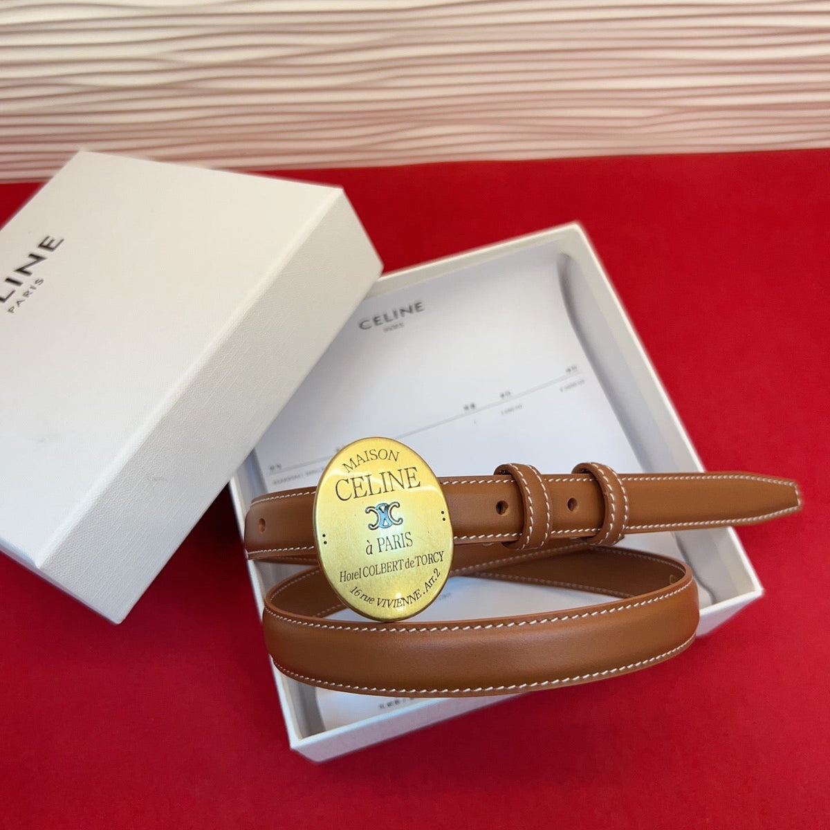 Celine Teen Maison Belt 2.5cm Brown Gold Calfskin 201445