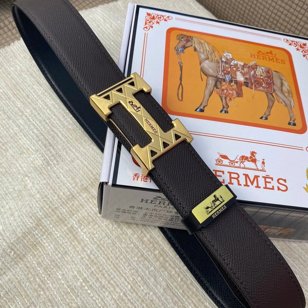 HM Belt 38mm Chocolate Black Cowhide Leather Gold Buckle 619065