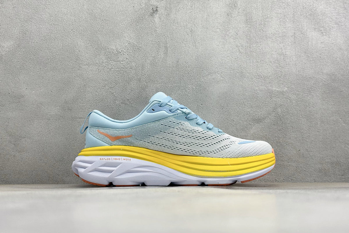 HOKA Bondi 8 Sky Blue Yellow Orange Logo Running Sneaker
