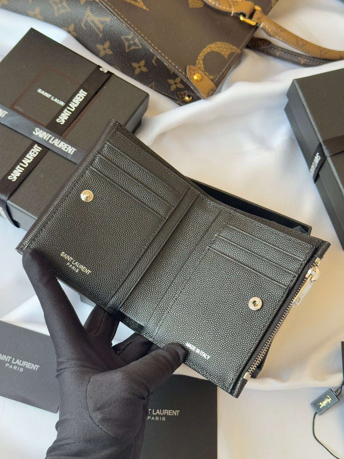 YSL Tri-fold Wallet Black Silver Cowhide 242758