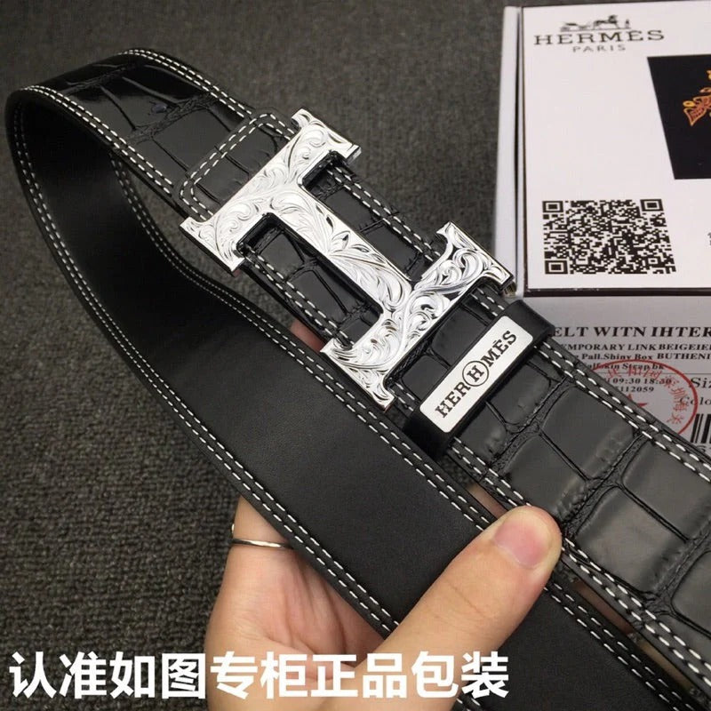 HM Belt 38mm Black Crocodile Leather Sliver Buckle 619362