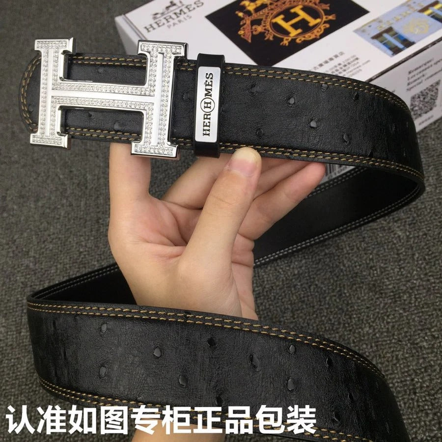 HM Belt 38mm Black Cowhide Leather Sliver Diamond Buckle 619512