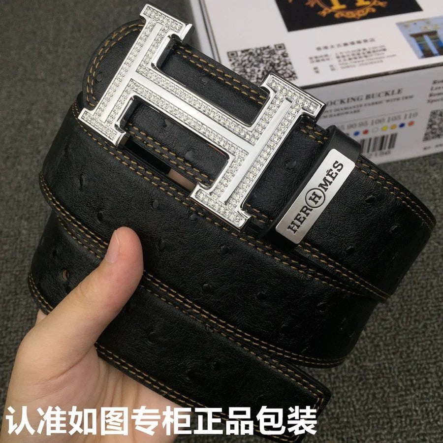 HM Belt 38mm Black Cowhide Leather Sliver Diamond Buckle 619512