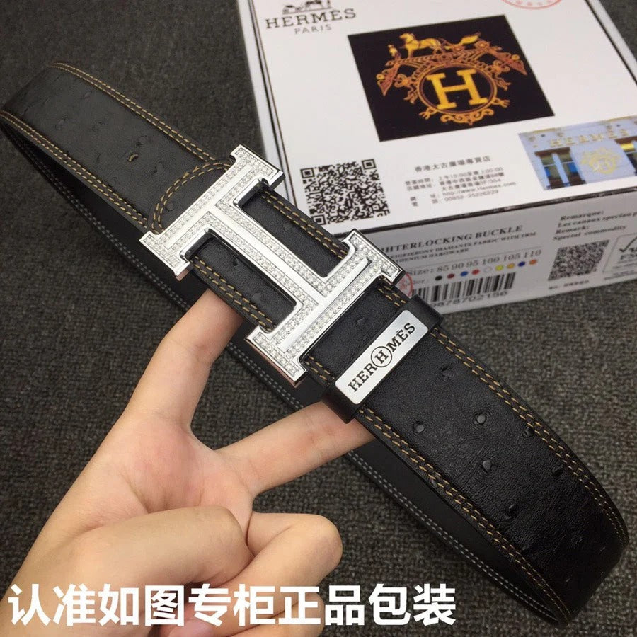 HM Belt 38mm Black Cowhide Leather Sliver Diamond Buckle 619512