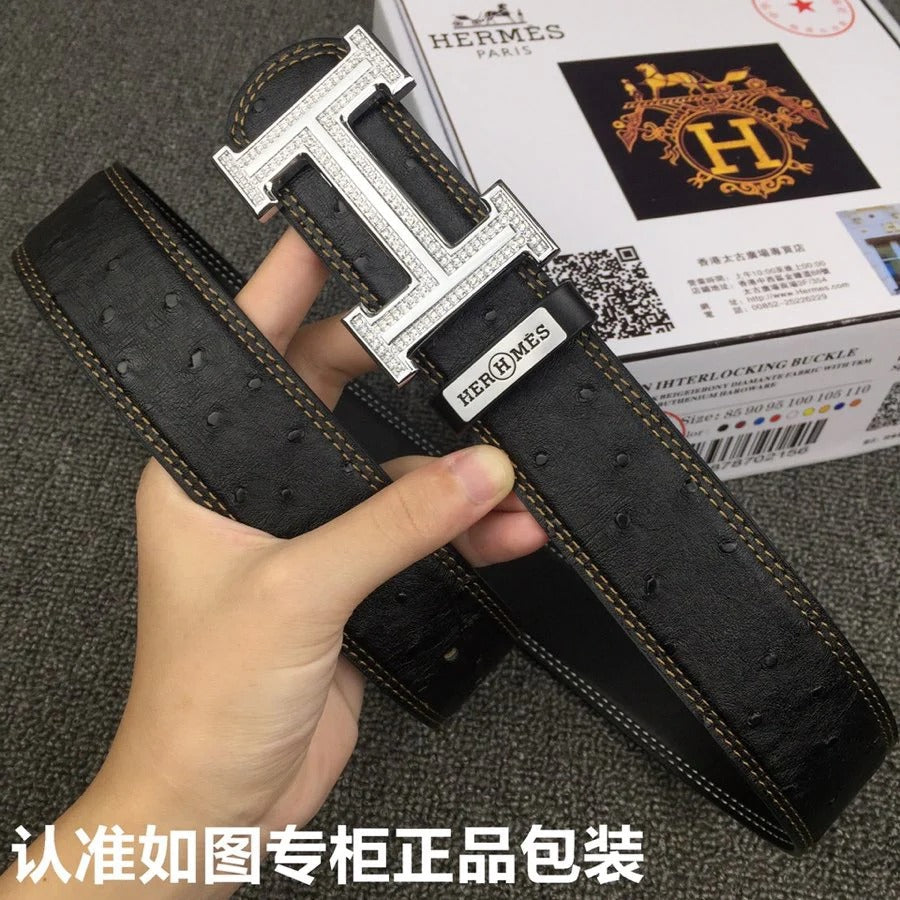 HM Belt 38mm Black Cowhide Leather Sliver Diamond Buckle 619512