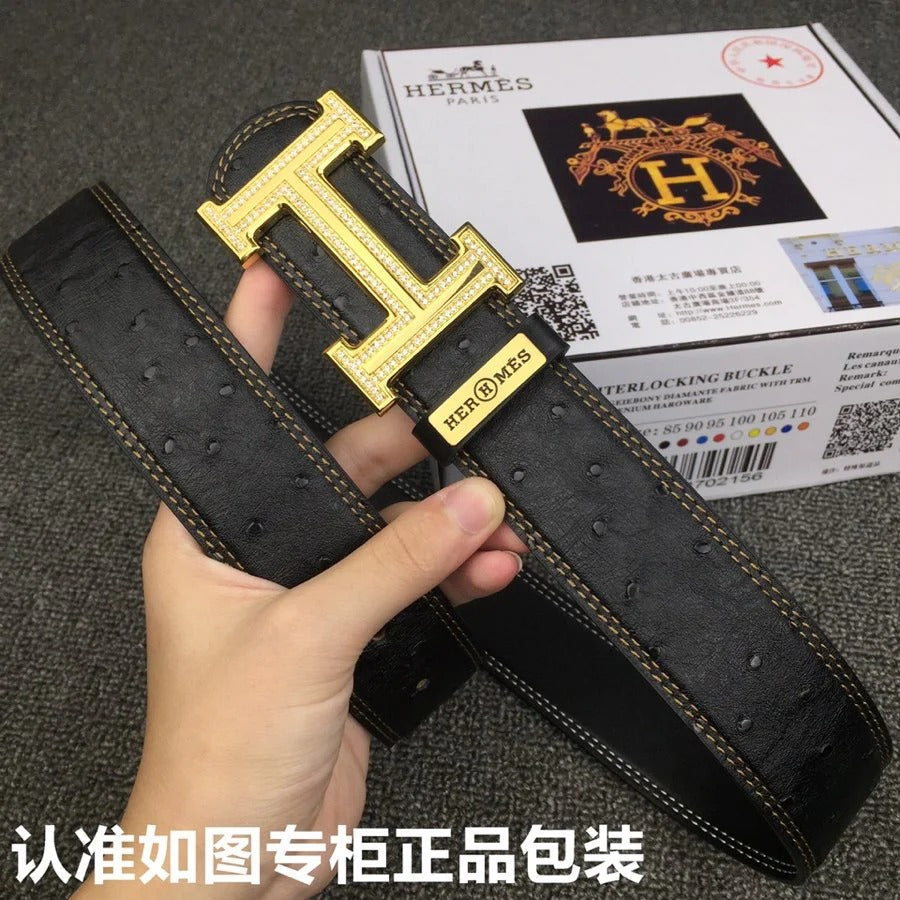 HM Belt 38mm Black Cowhide Leather Gold Diamond Buckle 619513