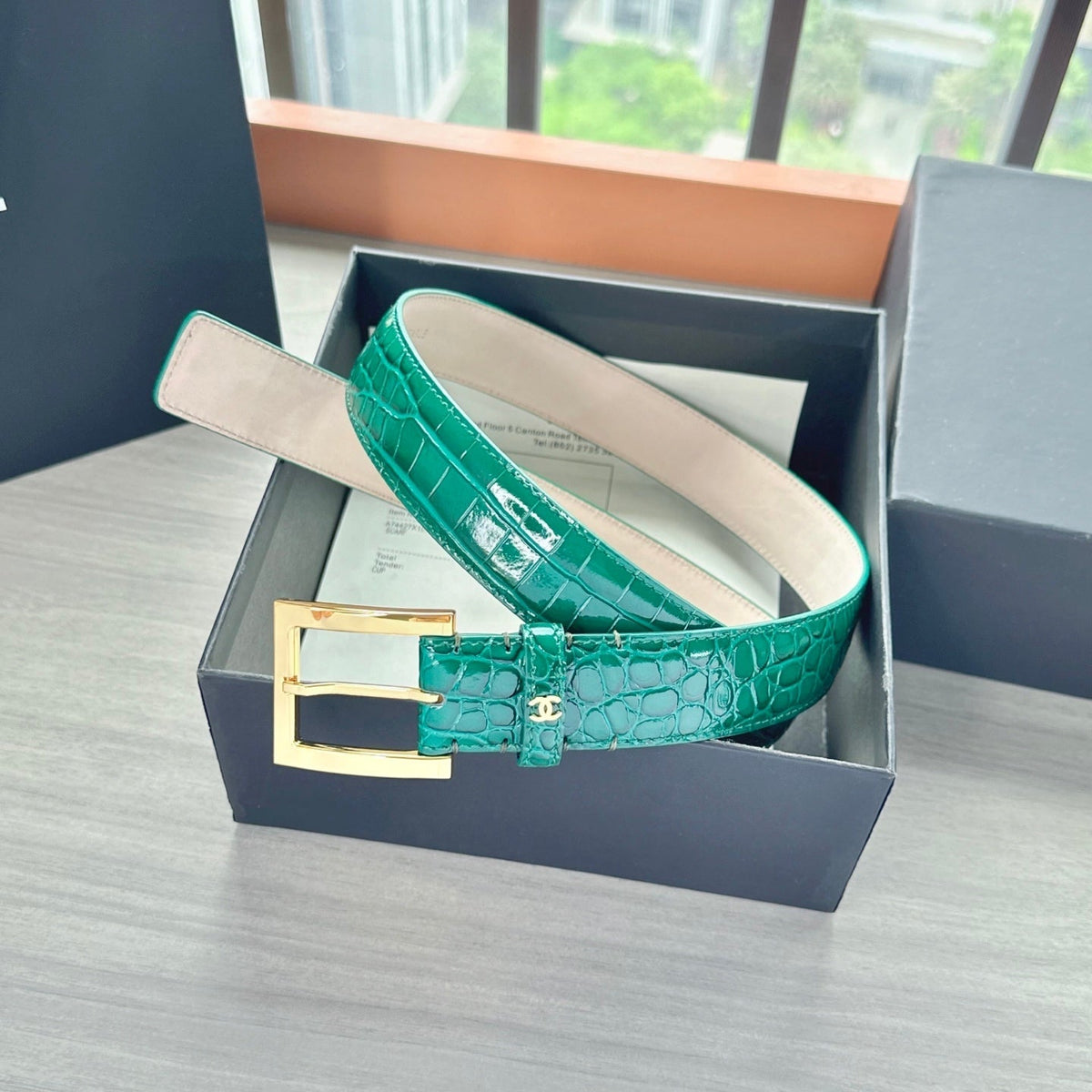 CC Belt 3cm Teal Green Embossed Crocodile Pattern Leather 202935