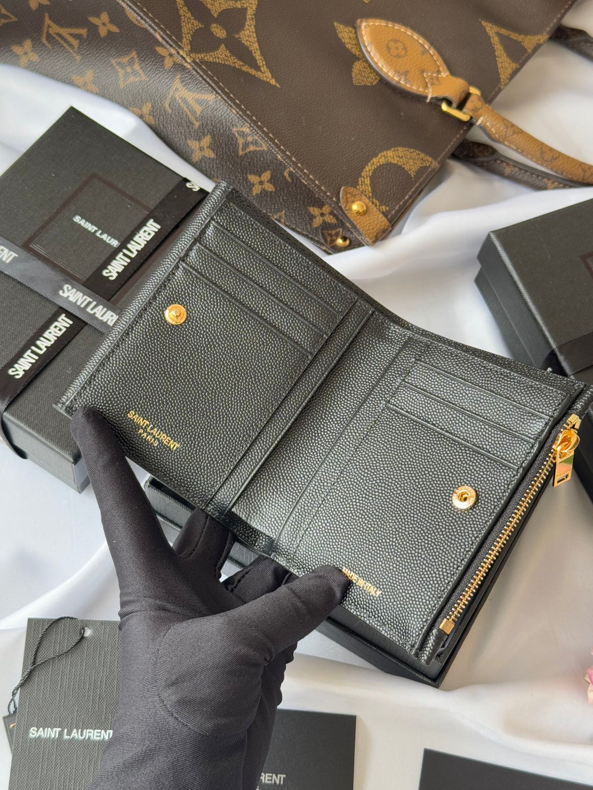 YSL Tri-fold Wallet Black Gold Cowhide 242754