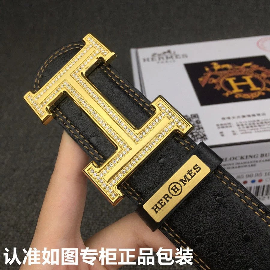 HM Belt 38mm Black Cowhide Leather Gold Diamond Buckle 619513