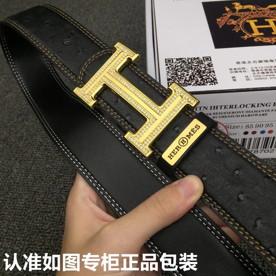 HM Belt 38mm Black Cowhide Leather Gold Diamond Buckle 619513
