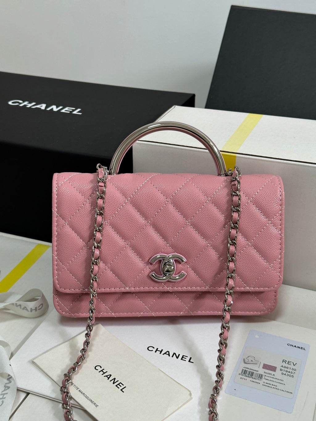 CC 25P Wallet Woc Handle 19cm Pink Pastel Leather Silver Hardware 243448