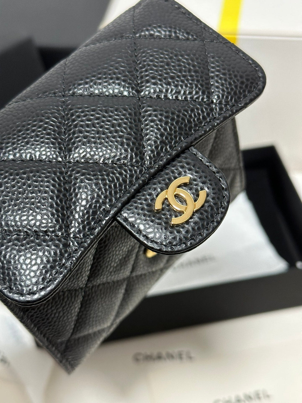 CC CClassic Small Flap Wallet Black Quilted Caviar Gold Buckle 243686