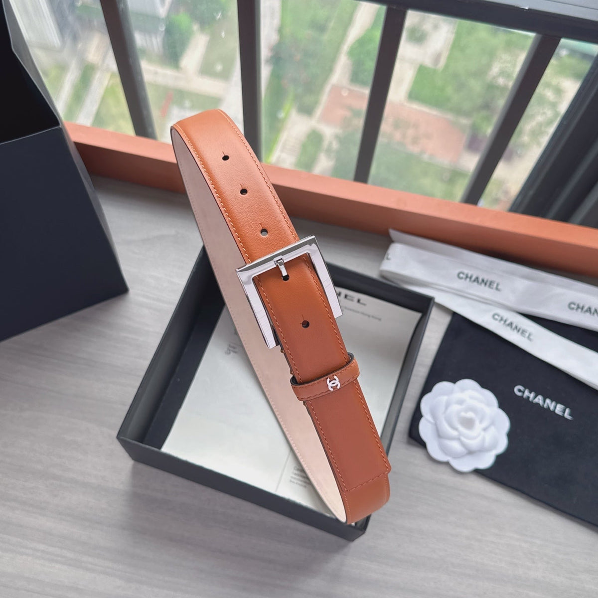 CC Belt 3cm Tan Brown Sliver Cowhide 202806