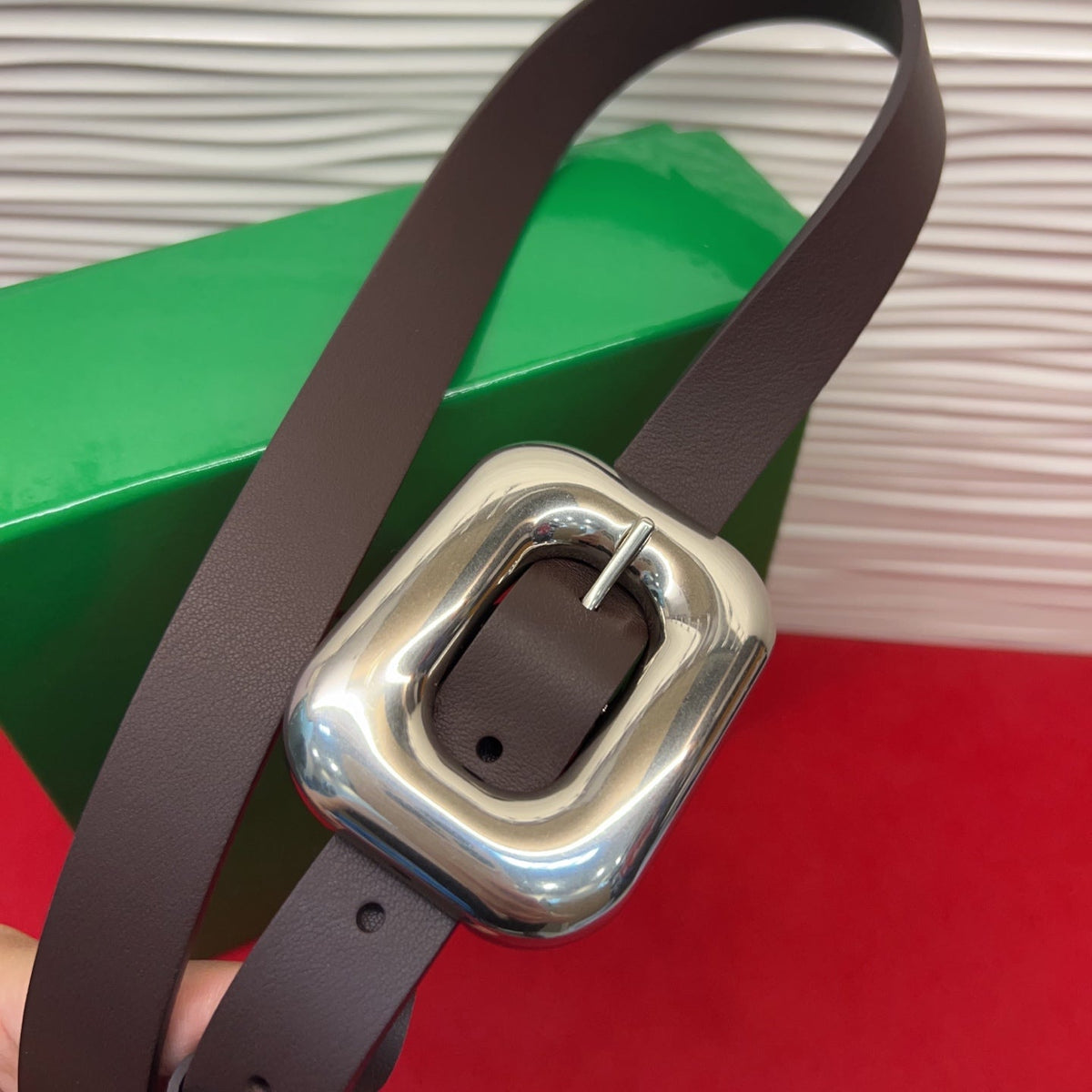 BV Chain Link Belt 2cm Coffee Sliver Grain Cowhide 202800
