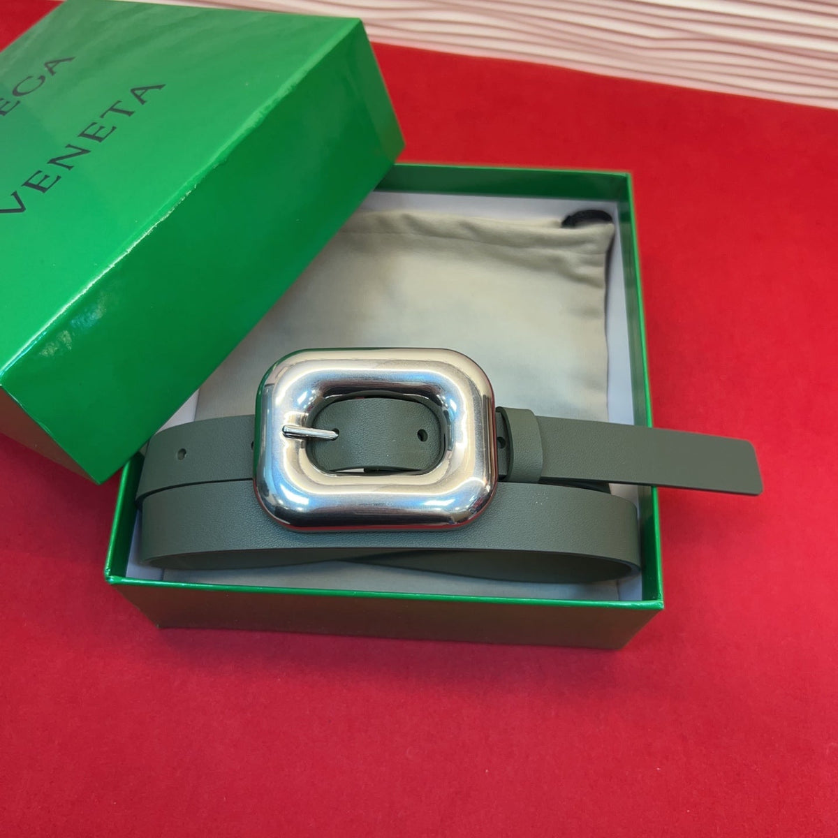 BV Chain Link Belt 2cm Olive Sliver Grain Cowhide 202799