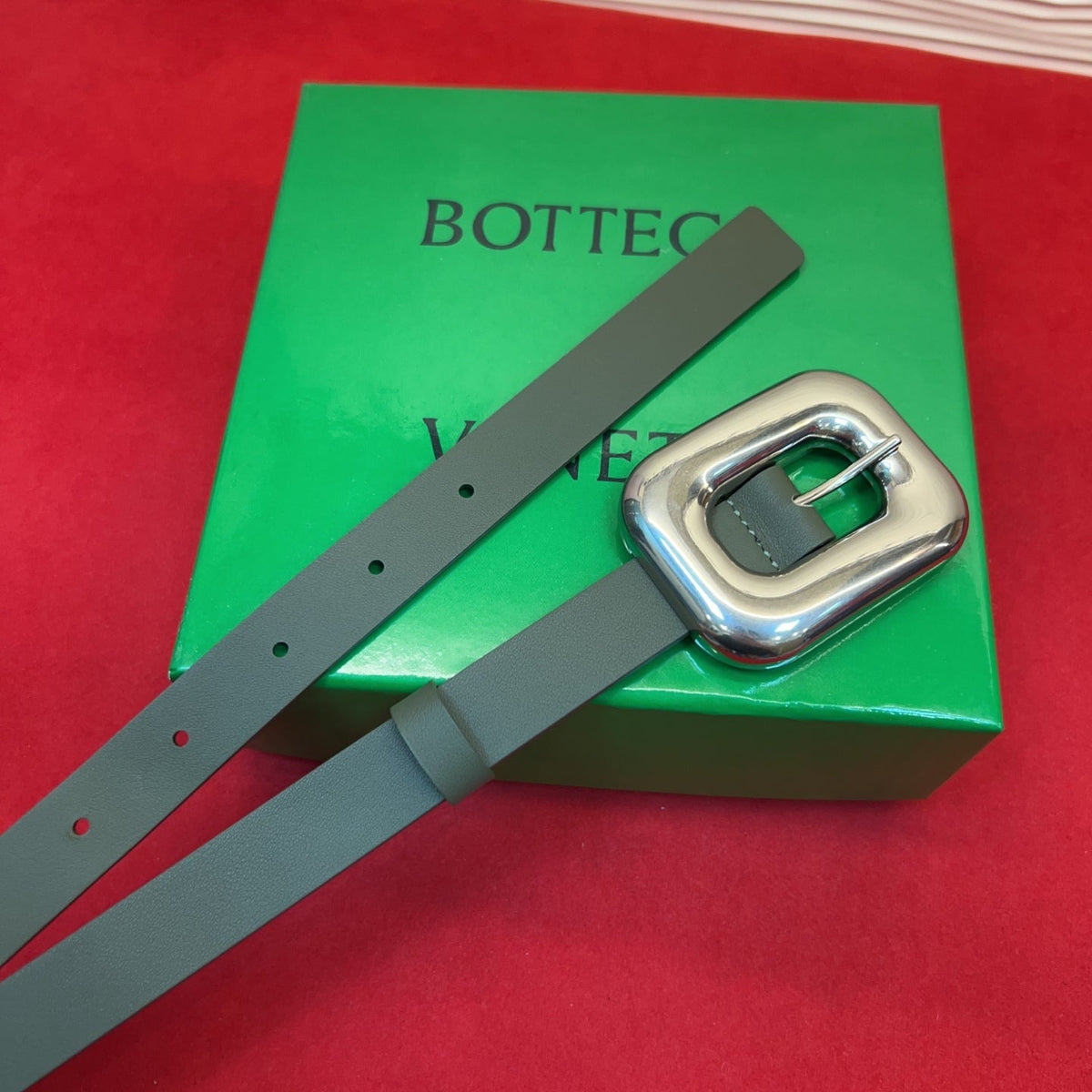 BV Chain Link Belt 2cm Olive Sliver Grain Cowhide 202799