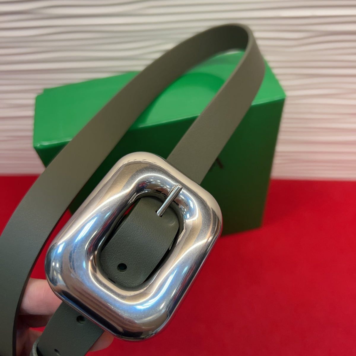 BV Chain Link Belt 2cm Olive Sliver Grain Cowhide 202799