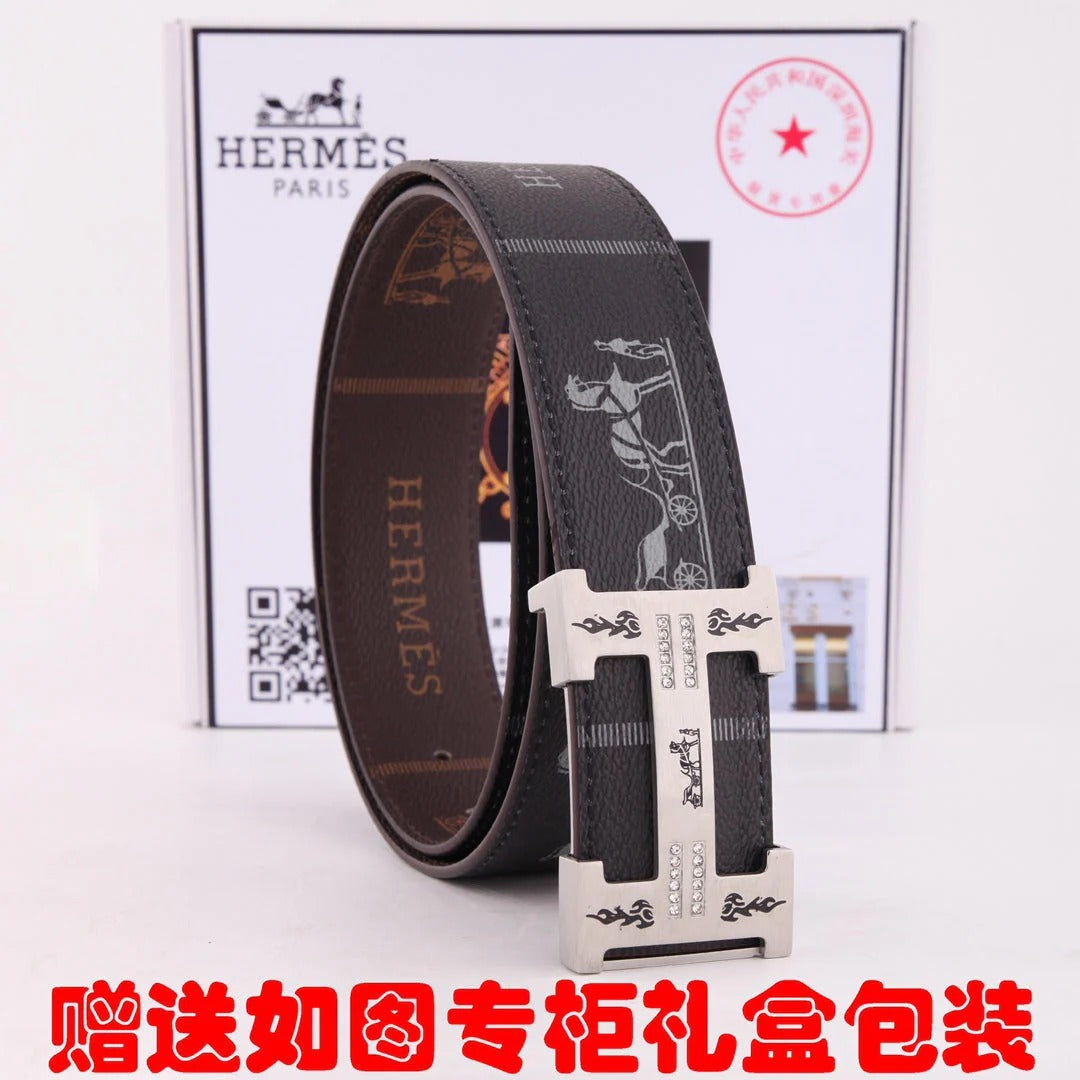 HM Constance Belt 38mm Black Brown Cowhide Sliver Buckle 620188