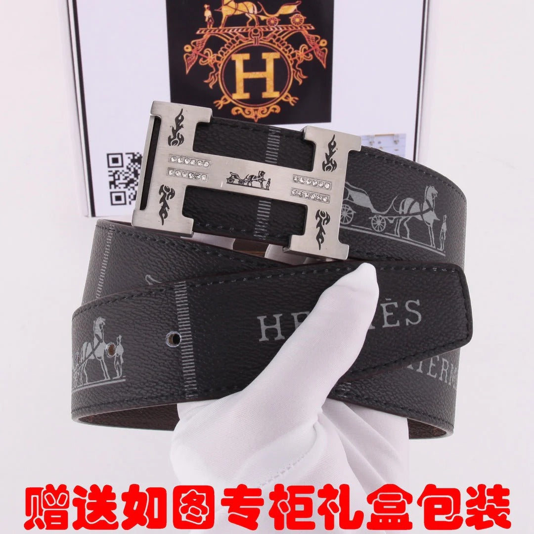 HM Constance Belt 38mm Black Brown Cowhide Sliver Buckle 620188