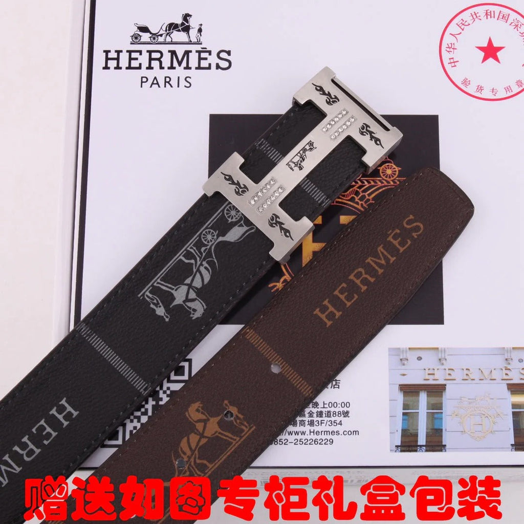 HM Constance Belt 38mm Black Brown Cowhide Sliver Buckle 620188
