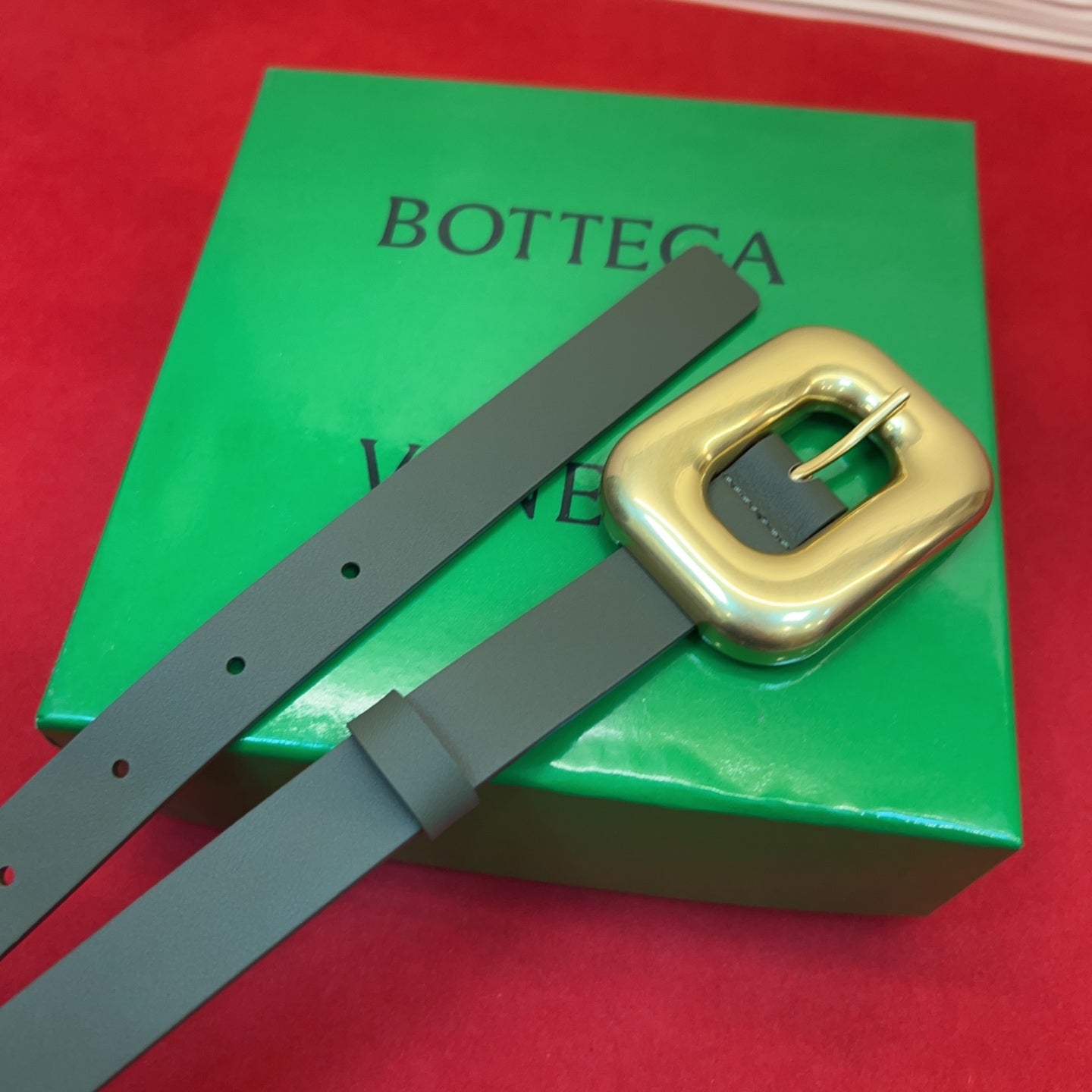 BV Chain Link Belt 2cm Olive Gold Grain Cowhide 202795