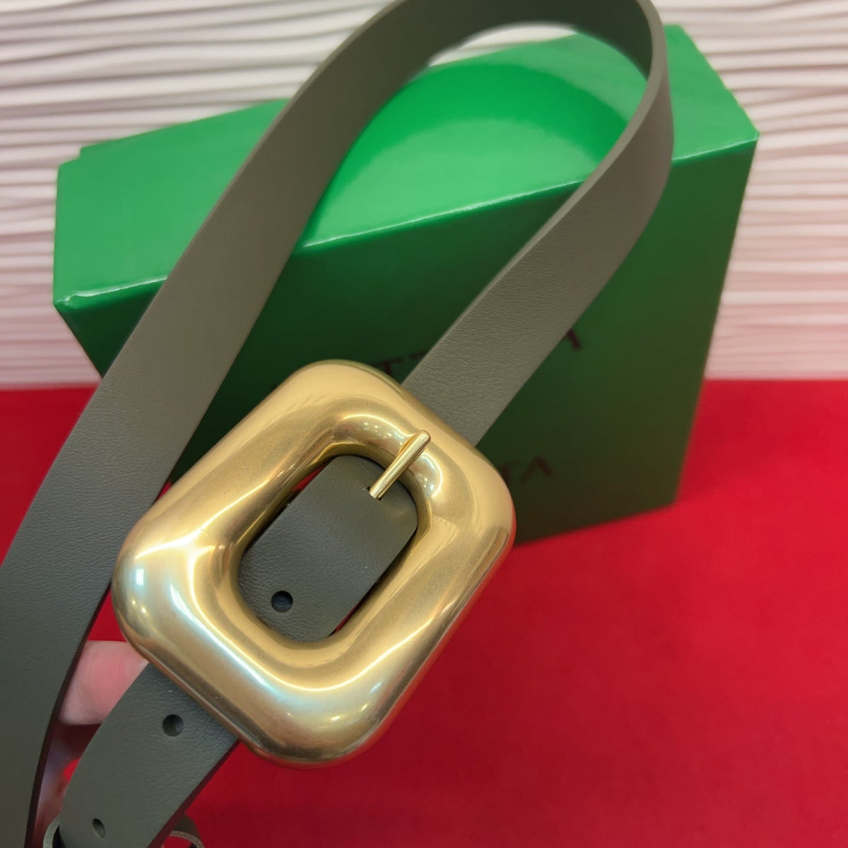 BV Chain Link Belt 2cm Olive Gold Grain Cowhide 202795