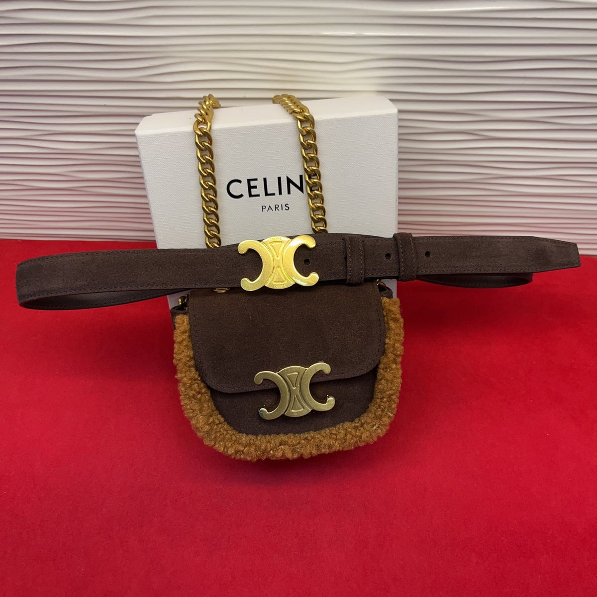 Celine Triomphe Mini Waist Bag Coffee Suede Shearing 202748