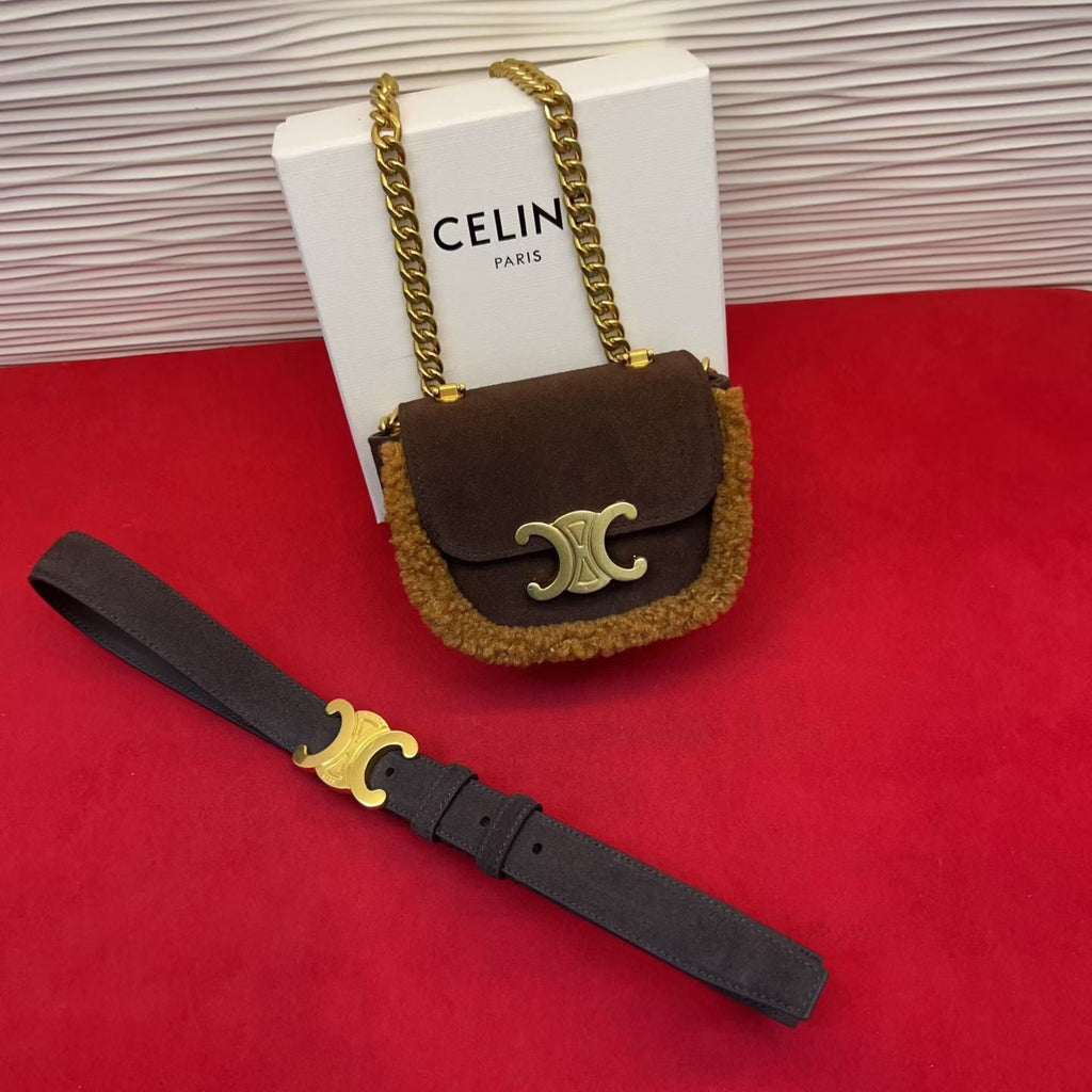 Celine Triomphe Mini Waist Bag Coffee Suede Shearing 202748