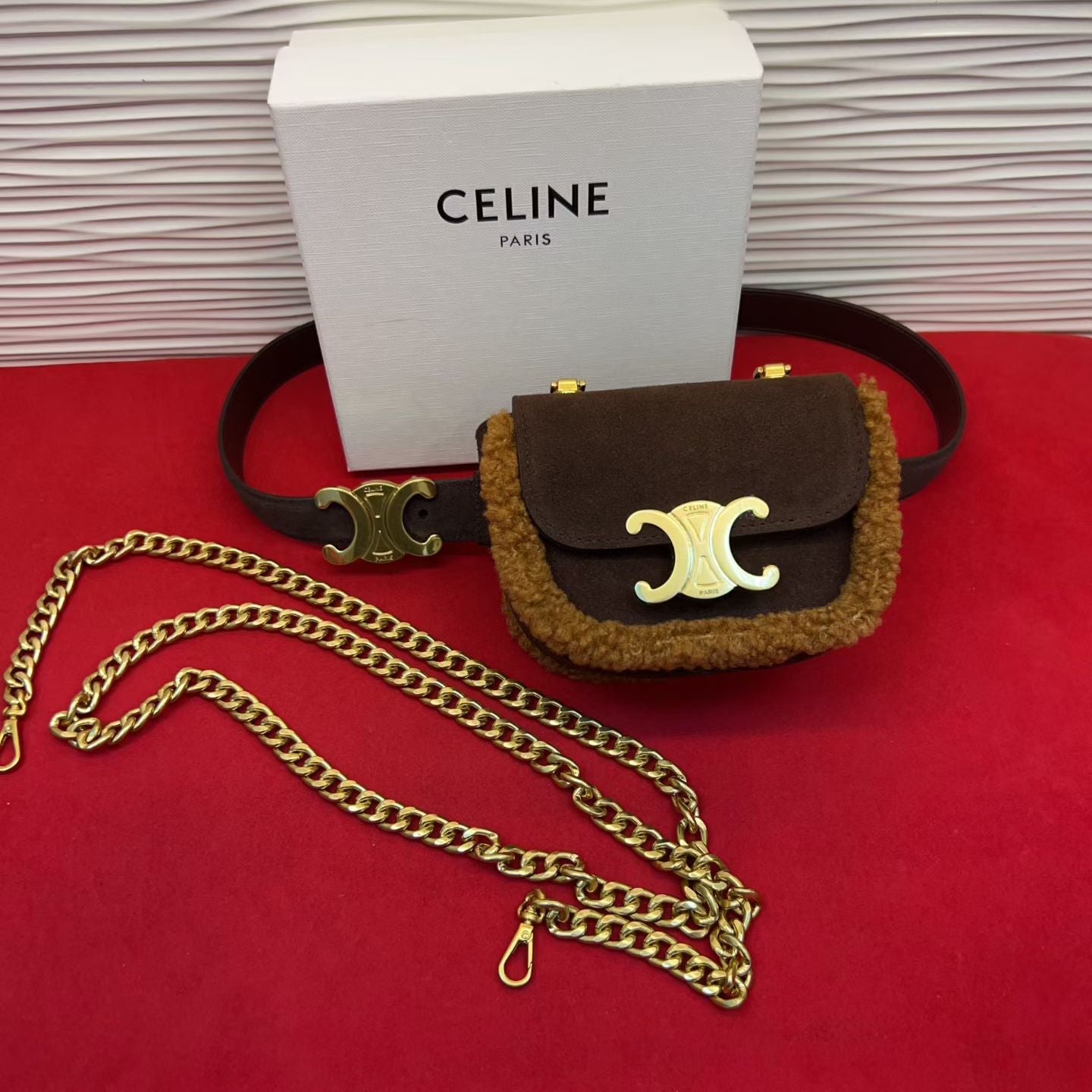 Celine Triomphe Mini Waist Bag Coffee Suede Shearing 202748