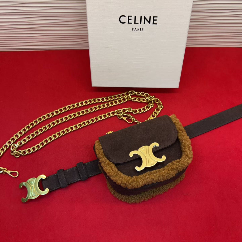 Celine Triomphe Mini Waist Bag Coffee Suede Shearing 202748