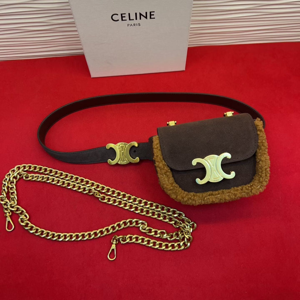 Celine Triomphe Mini Waist Bag Coffee Suede Shearing 202748