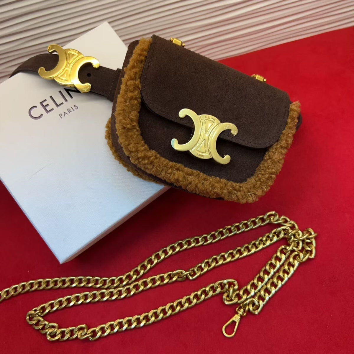 Celine Triomphe Mini Waist Bag Coffee Suede Shearing 202748