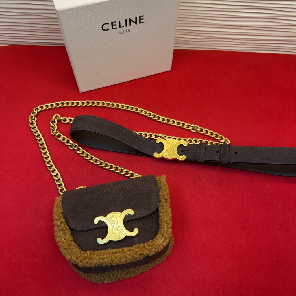 Celine Triomphe Mini Waist Bag Coffee Suede Shearing 202748