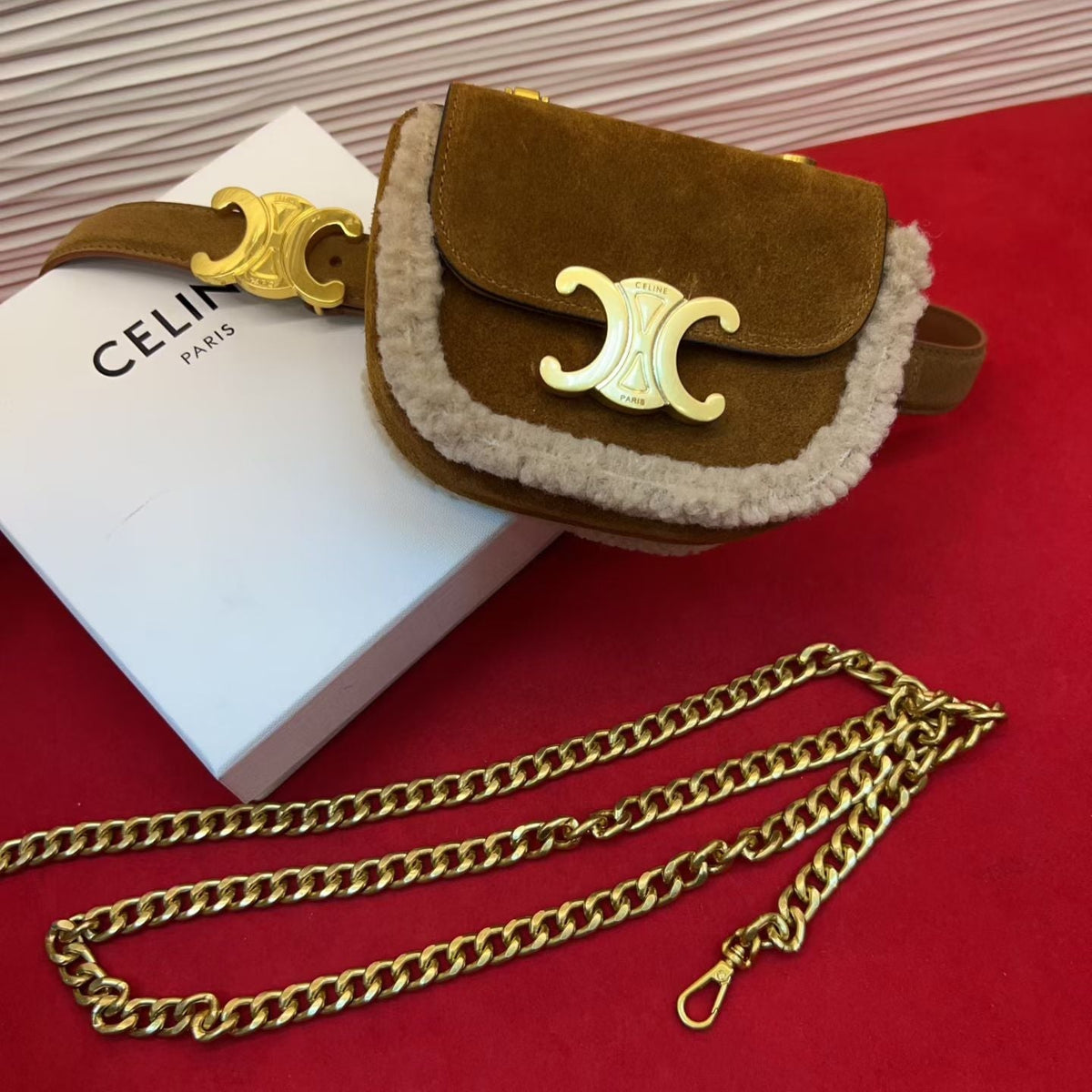 Celine Triomphe Mini Waist Bag Brown Suede Shearing 202746