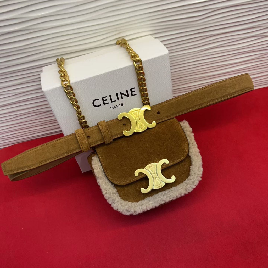 Celine Triomphe Mini Waist Bag Brown Suede Shearing 202746