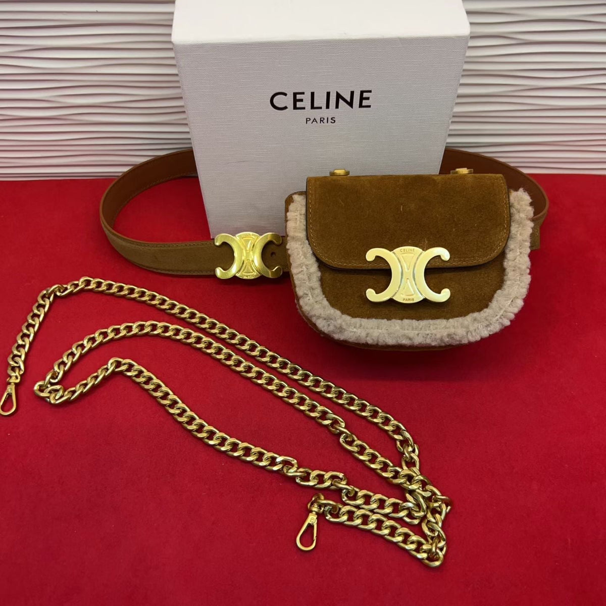 Celine Triomphe Mini Waist Bag Brown Suede Shearing 202746
