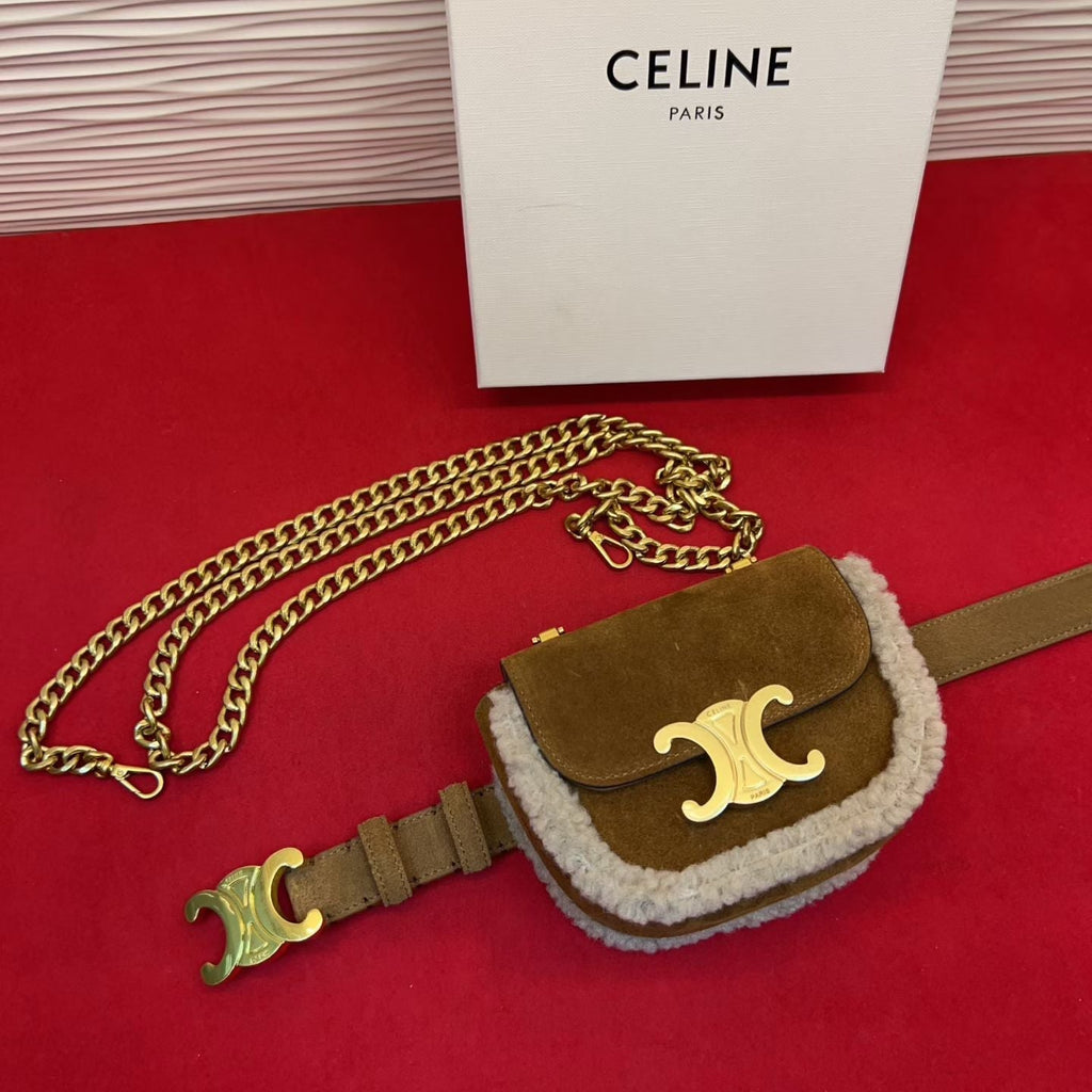 Celine Triomphe Mini Waist Bag Brown Suede Shearing 202746