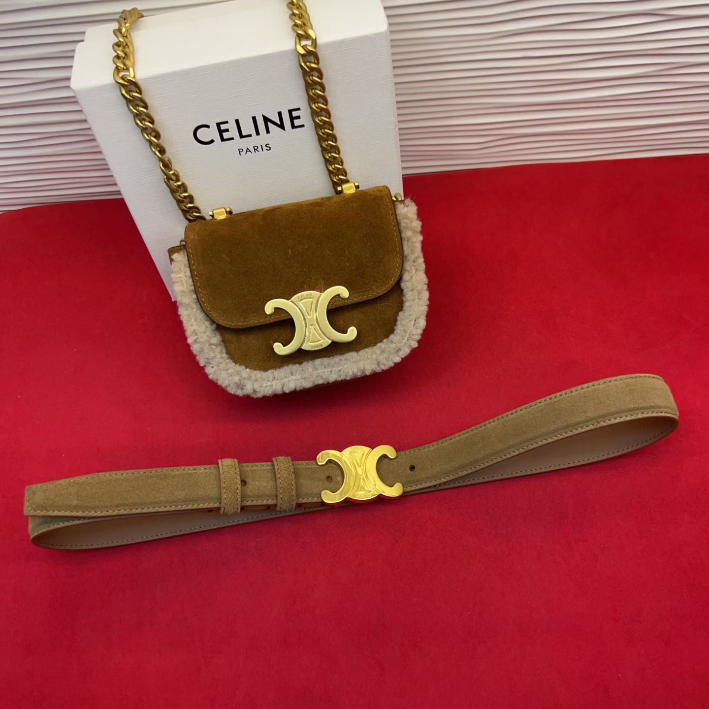 Celine Triomphe Mini Waist Bag Brown Suede Shearing 202746